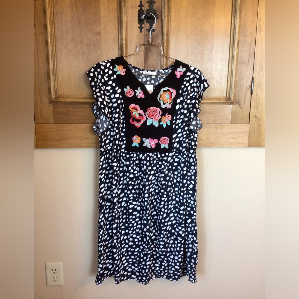 Women’s L embroidered front Kirundo polka dot Boho summer dress NWT.